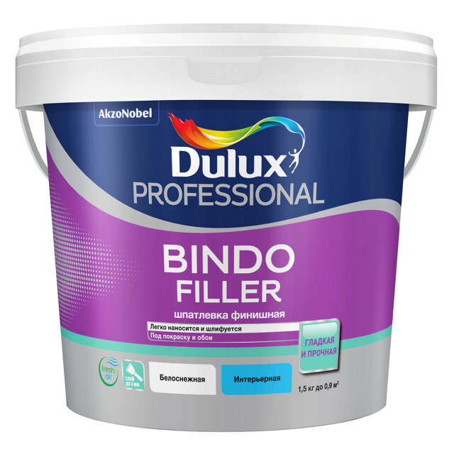 картинка Шпатлевка финишная Dulux Bindo Filler белая 1,5КГ от сети строительных магазинов в Старой Руссе