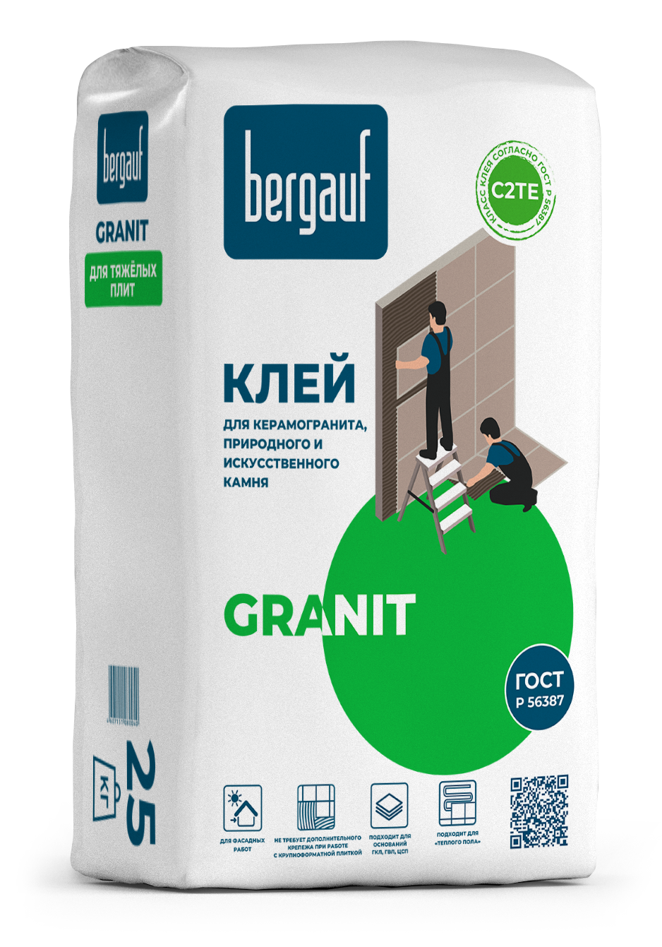 картинка Клей для керамогранита, природного и искусственного камня Bergauf Granit 25КГ от сети строительных магазинов в Старой Руссе
